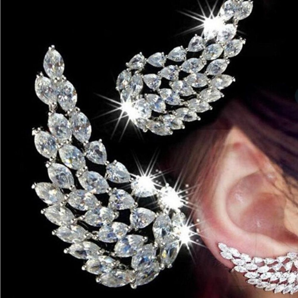 Silver Feather Crystal Earrings with Ear Cuff Angel Wings